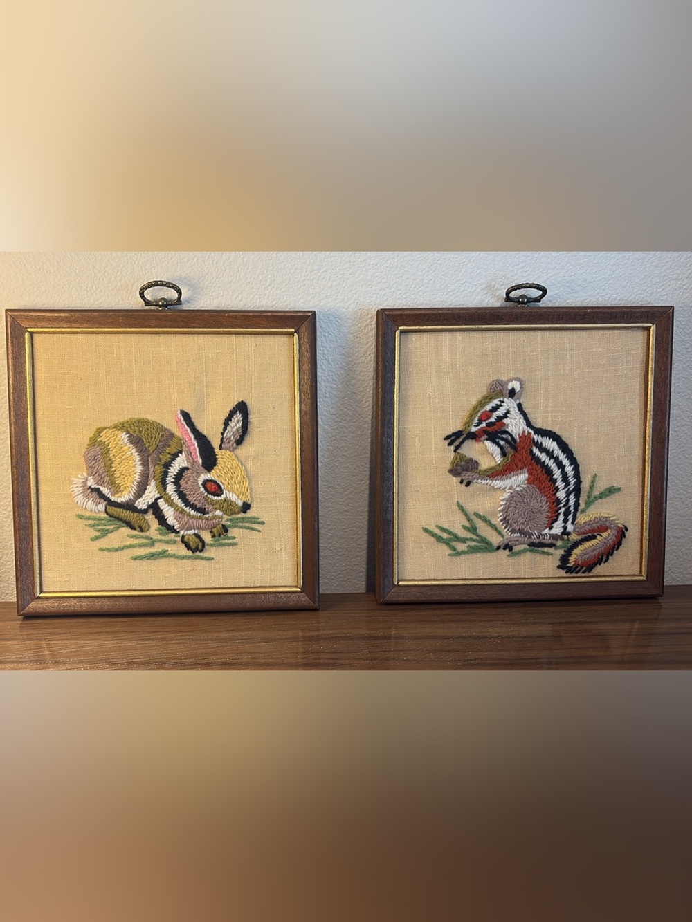 Pair of Cross stitch Forest Animals FRAMED- Chipmunk, Rabbit COTTAGECORE